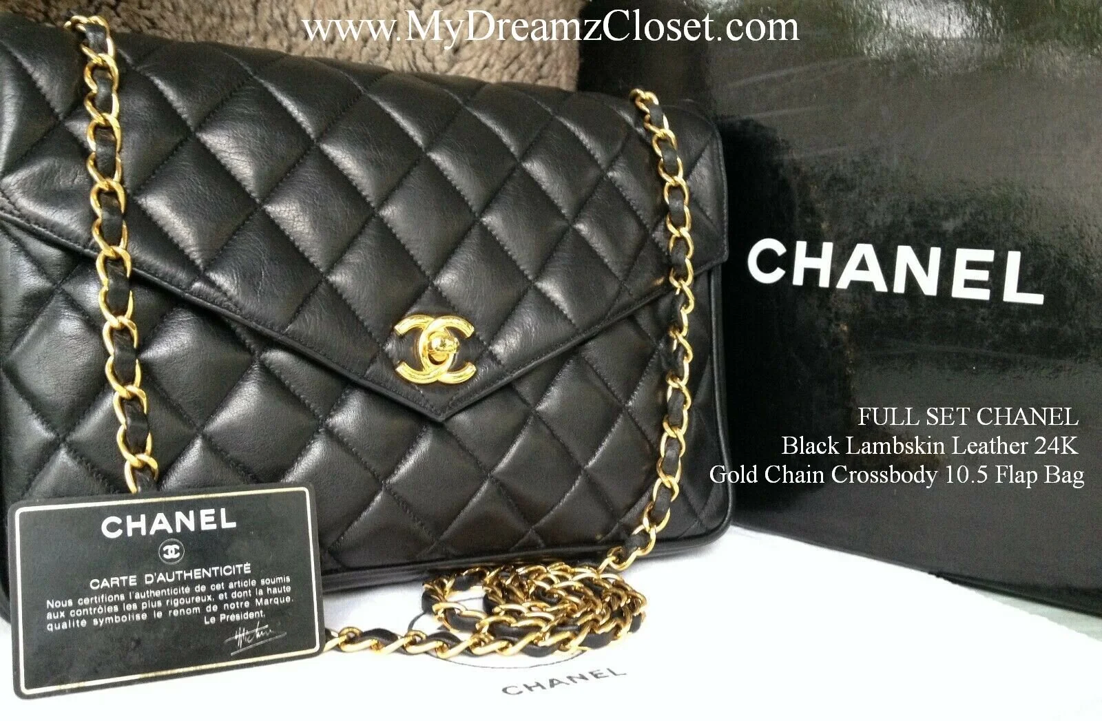 FULL SET CHANEL Black Lambskin Leather 24K Gold Chain Crossbody 10.5 Flap Bag