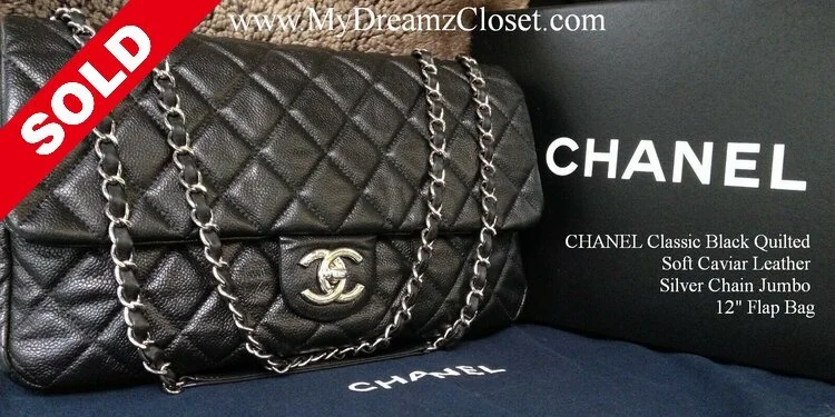 SOLD - CHANEL Classic Black Quilted Soft Caviar Leather Silver Chain Jumbo 12" Flap Bag