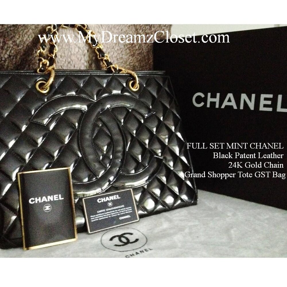 1. FULL SET MINT CHANEL Black Patent Leather 24K Gold Chain Grand