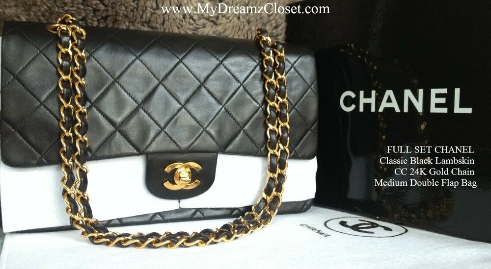 FULL SET CHANEL Classic Black Lambskin CC 24K Gold Chain Medium Double Flap  Bag - My Dreamz Closet