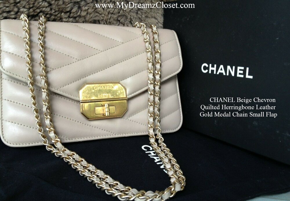 CHANEL Beige Chevron Quilted Herringbone Leather Gold Medal Chain