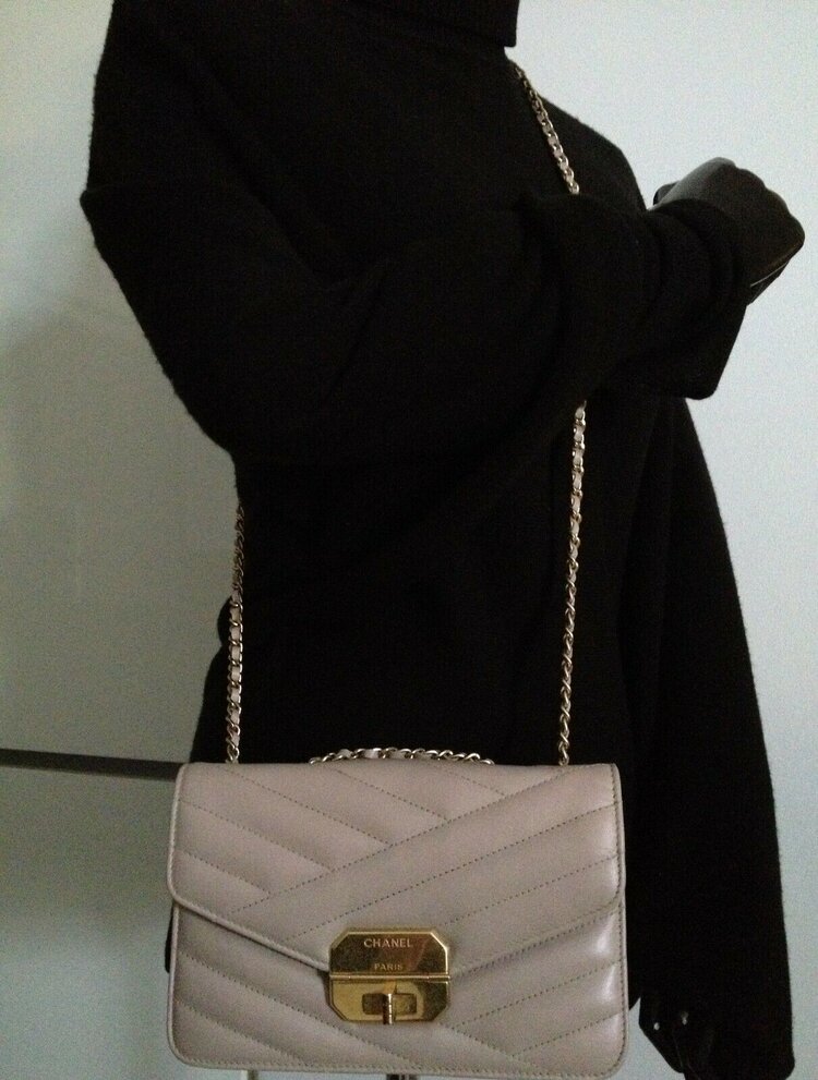 CHANEL Beige Chevron Quilted Herringbone Leather Gold Medal Chain Small Flap  - My Dreamz Closet