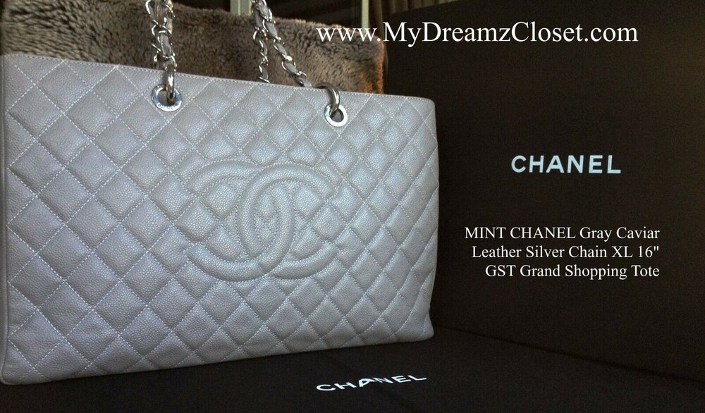 MINT CHANEL Gray Caviar Leather Silver Chain XL 16 GST Grand Shopping Tote  - My Dreamz Closet