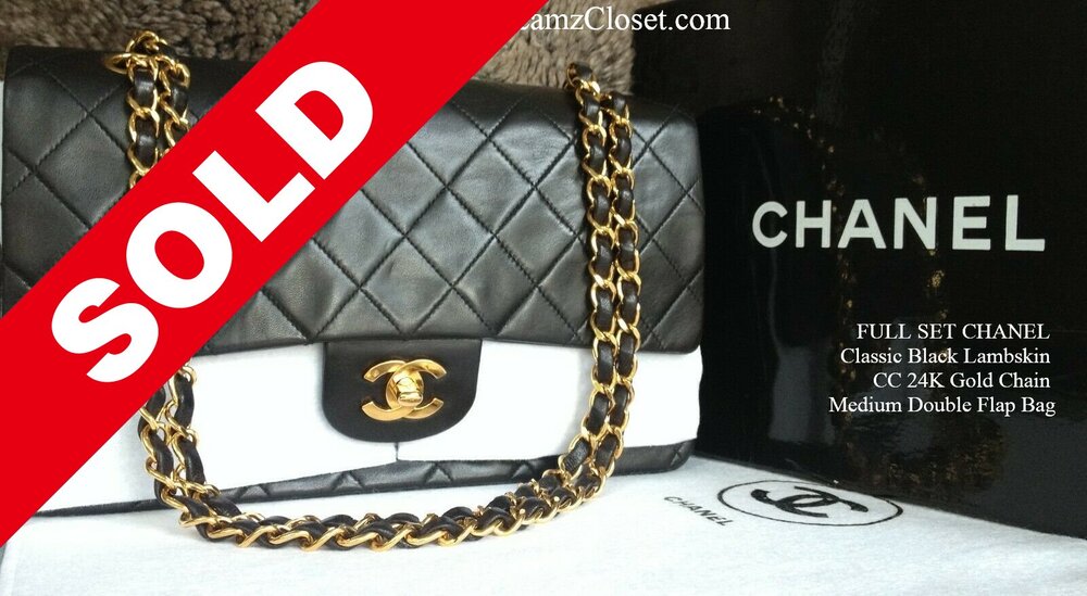 FULL SET CHANEL Classic Black Lambskin CC 24K Gold Chain Medium Double Flap  Bag - My Dreamz Closet