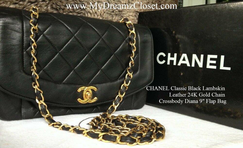 CHANEL Classic Black Lambskin Leather 24K Gold Chain Crossbody Diana 9 Flap  Bag - My Dreamz Closet