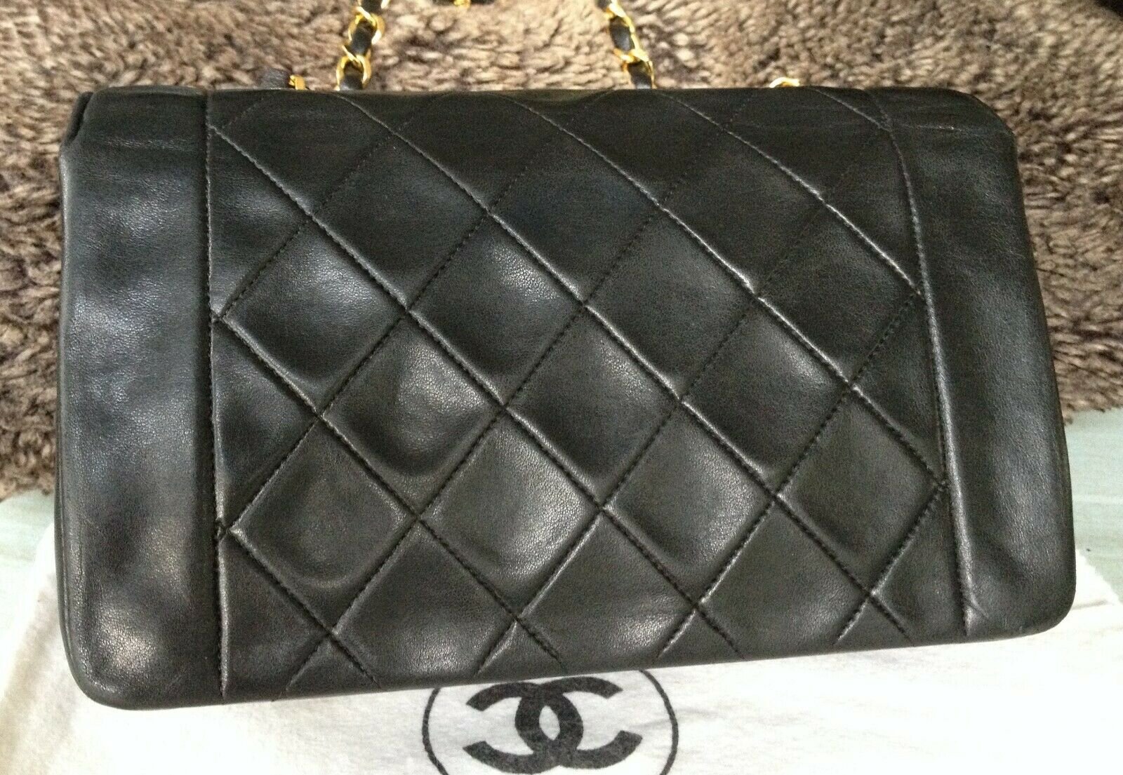 CHANEL Classic Black Lambskin Leather 24K Gold Chain Crossbody Diana 9 ...