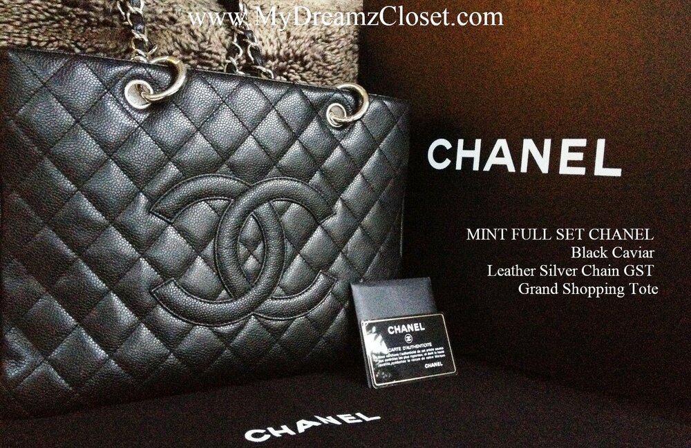 MINT FULL SET CHANEL Black Caviar Leather Silver Chain GST Grand Shopping  Tote - My Dreamz Closet