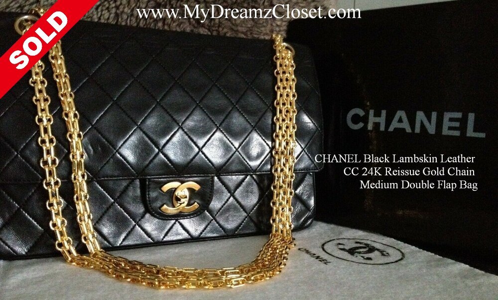 SOLD - CHANEL Black Lambskin Leather CC 24K Reissue Gold Chain Medium  Double Flap Bag - My Dreamz Closet