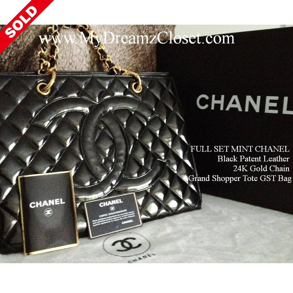 1. FULL SET MINT CHANEL Black Patent Leather 24K Gold Chain Grand Shopper  Tote GST Bag - My Dreamz Closet