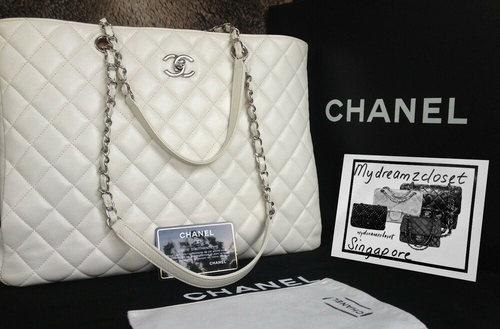 FULL SET CHANEL Ivory White Calf Leather Silver Chain 2017 Classic Shopping  Tote - My Dreamz Closet