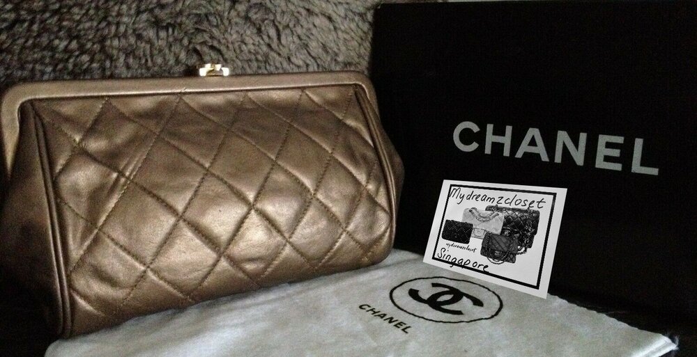 CHANEL Classic Quilted Bronze Lambskin Leather Gold CC Kiss Lock Vintage  Clutch - My Dreamz Closet