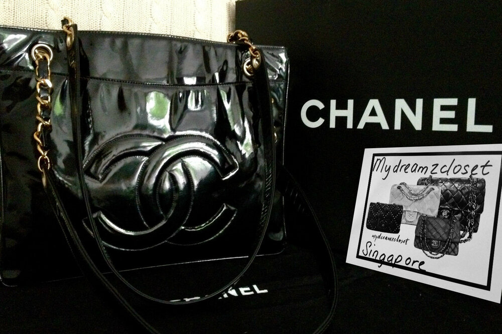 RESERVED - 100% CLASSIC CHANEL Black Patent Leather Big CC Gold Chain 12  Shopper Tote Bag - My Dreamz Closet