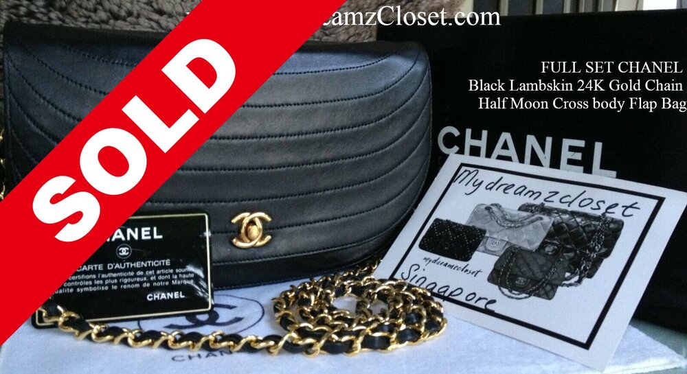 SOLD - FULL SET CHANEL Black Lambskin 24K Gold Chain Half Moon Cross body  Flap Bag - My Dreamz Closet