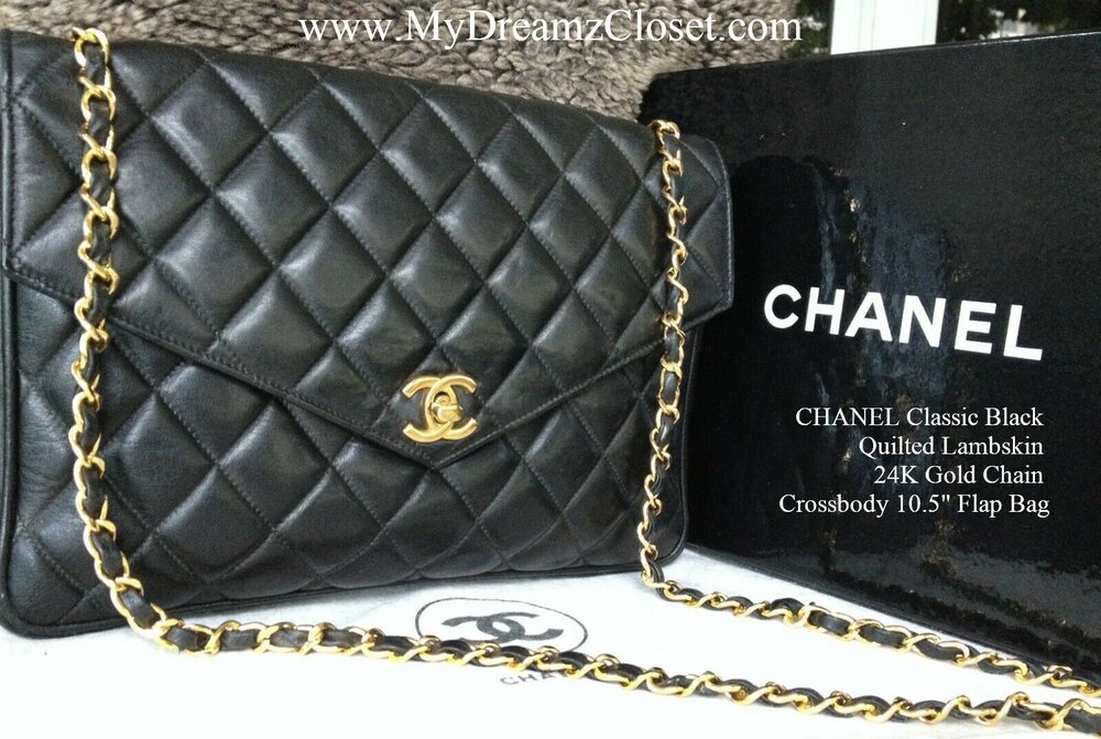 CHANEL Classic Black Quilted Lambskin 24K Gold Chain Crossbody 10.5 Flap  Bag - My Dreamz Closet
