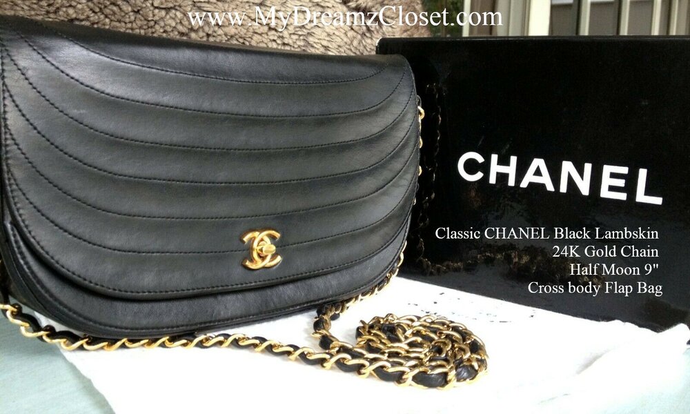 Classic CHANEL Black Lambskin 24K Gold Chain Half Moon 9 Cross body Flap  Bag - My Dreamz Closet