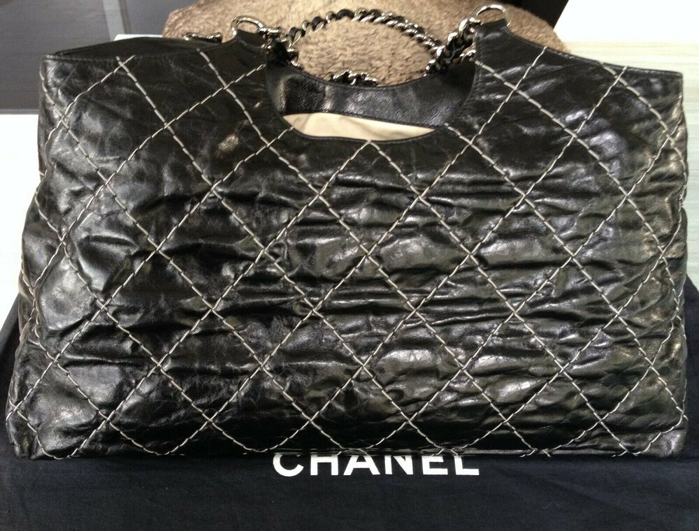 CHANEL Calf Skin Leather Wild Stitch Black Tote Bag Handbag #2450 Rise-on