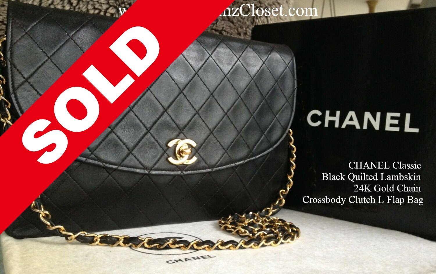 Chanel Classic Black Quilted Lambskin 24K Gold Chain Crossbody Clutch L  Flap Bag - My Dreamz Closet