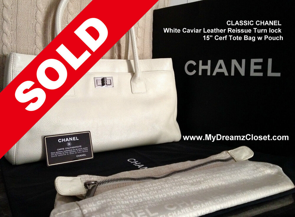 CLASSIC CHANEL White Caviar Leather Reissue Turn lock 15 Cerf Tote Bag w  Pouch - My Dreamz Closet