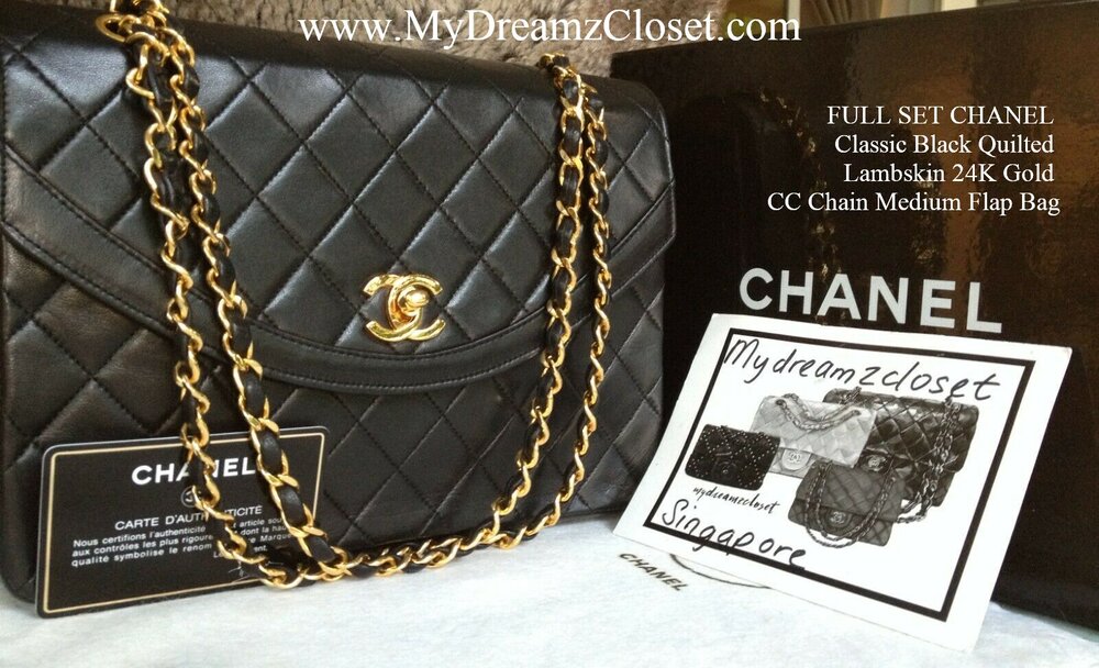 FULL SET CHANEL Classic Black Quilted Lambskin 24K Gold CC Chain Medium  Flap Bag - My Dreamz Closet