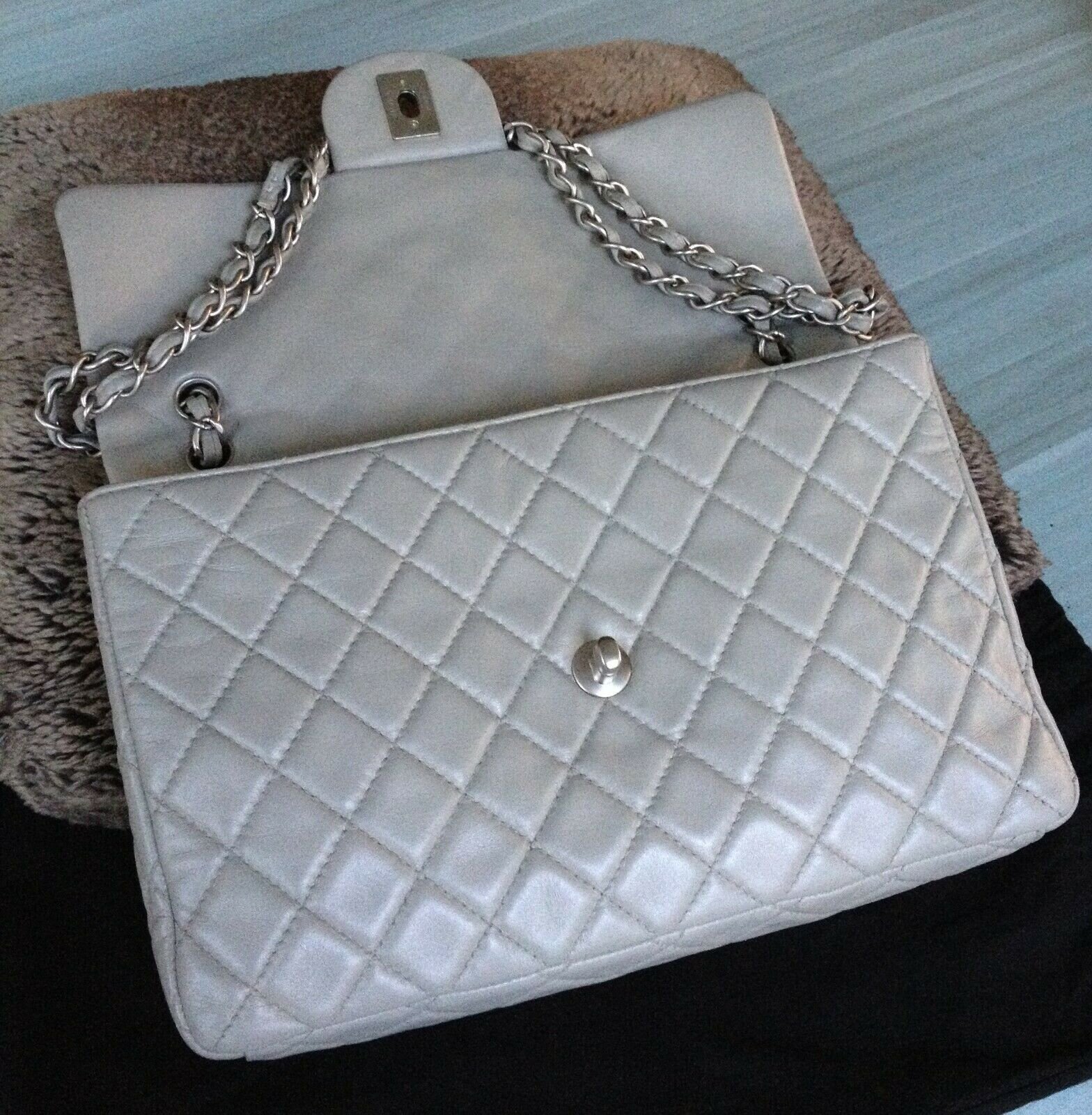 FULL SET CHANEL Classic Gray Quilted Leather Matt Silver Jumbo Maxi ...