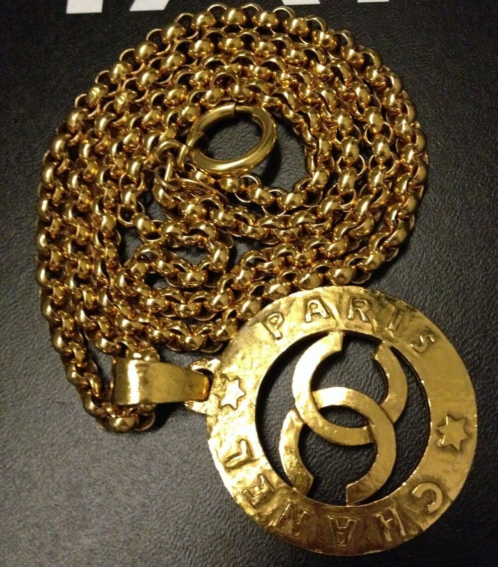 CHANEL PARIS Vintage XL Big CC Pendant 24k Gold Single Double