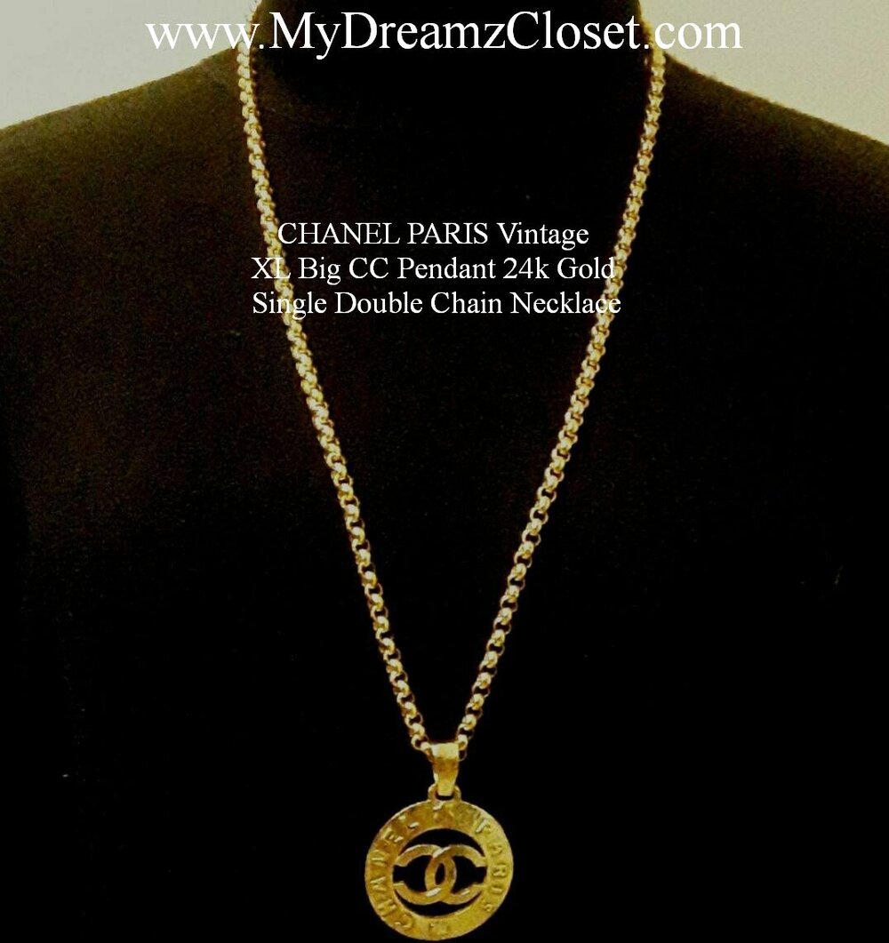 CHANEL PARIS Vintage XL Big CC Pendant 24k Gold Single Double Chain Necklace  - My Dreamz Closet