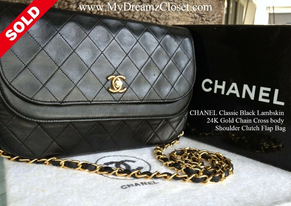 CHANEL Classic Black Lambskin 24K Gold Chain Cross body Shoulder Clutch  Flap Bag - My Dreamz Closet