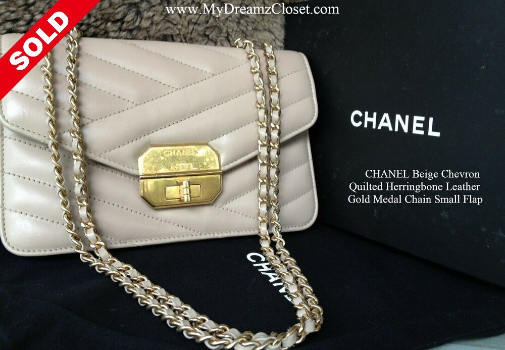 CHANEL Beige Chevron Quilted Herringbone Leather Gold Medal Chain Small  Flap - My Dreamz Closet