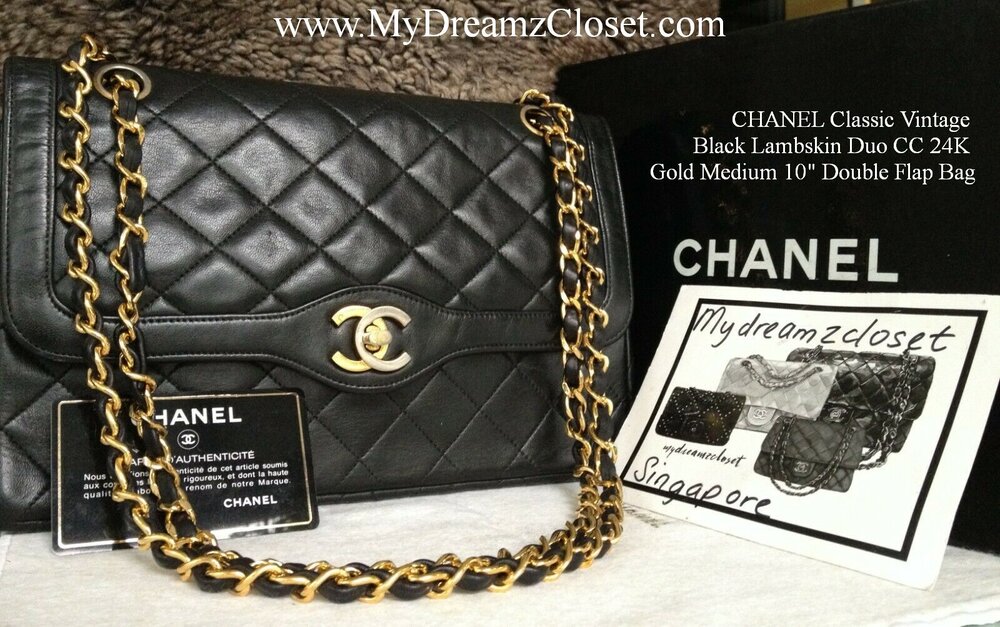 CHANEL Classic Vintage Black Lambskin Duo CC 24K Gold Medium 10 Double Flap  Bag - My Dreamz Closet