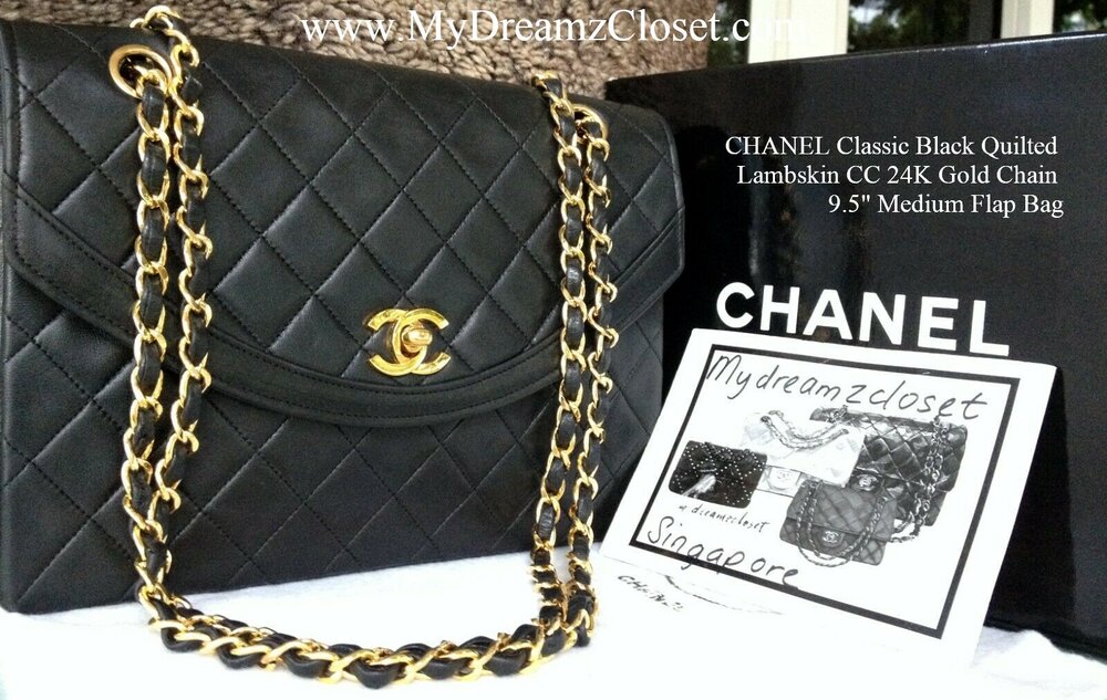 CHANEL Classic Black Quilted Lambskin CC 24K Gold Chain 9.5 Medium Flap  Bag - My Dreamz Closet