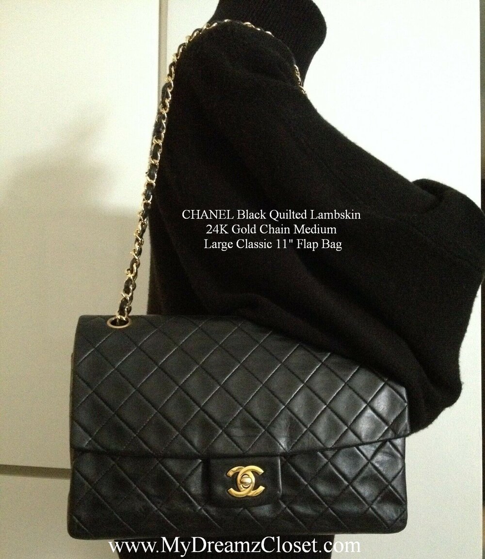 CHANEL Black Quilted Lambskin Leather 24K Gold CC Chain Medium