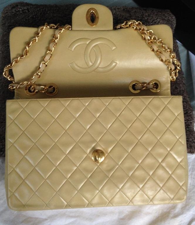 SOLD - RARE CHANEL Classic Beige 24K Gold Chain Maxi Jumbo Flap Bag - My  Dreamz Closet