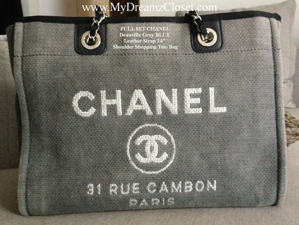FULL SET CHANEL Deauville Gray BLUE Leather Strap 14 Shoulder Shopping Tote  Bag<br/> - My Dreamz Closet