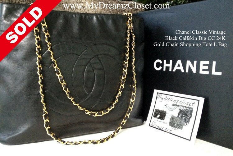 SOLD - Chanel Classic Vintage Black Calfskin Big CC 24K Gold Chain Shopping  Tote L Bag