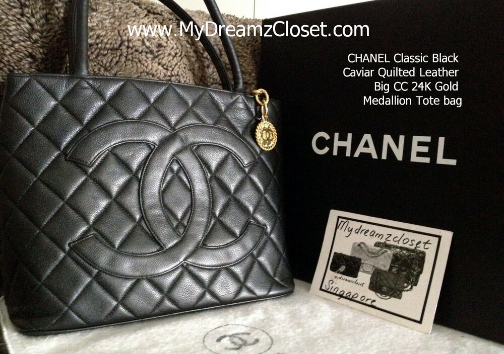 CHANEL Classic Black Caviar Quilted Leather Big CC 24K Gold Medallion Tote  bag - My Dreamz Closet