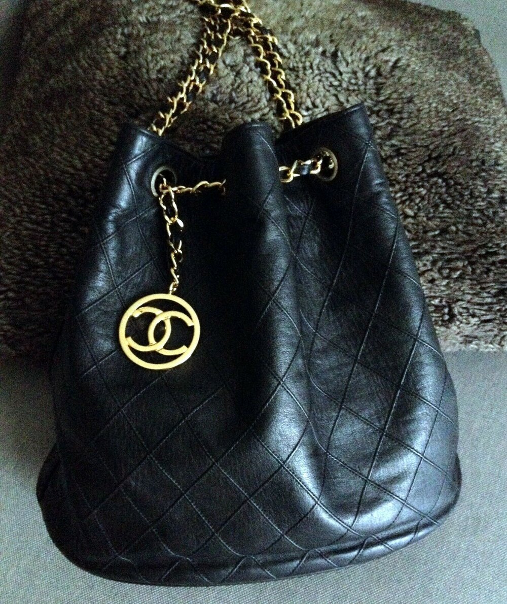 CHANEL Vintage Black Quilted Leather CC Charm 24K Gold Chain Bucket  Backpack Bag - My Dreamz Closet