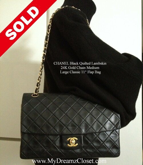 CHANEL Black Quilted Lambskin Leather 24K Gold CC Chain Medium