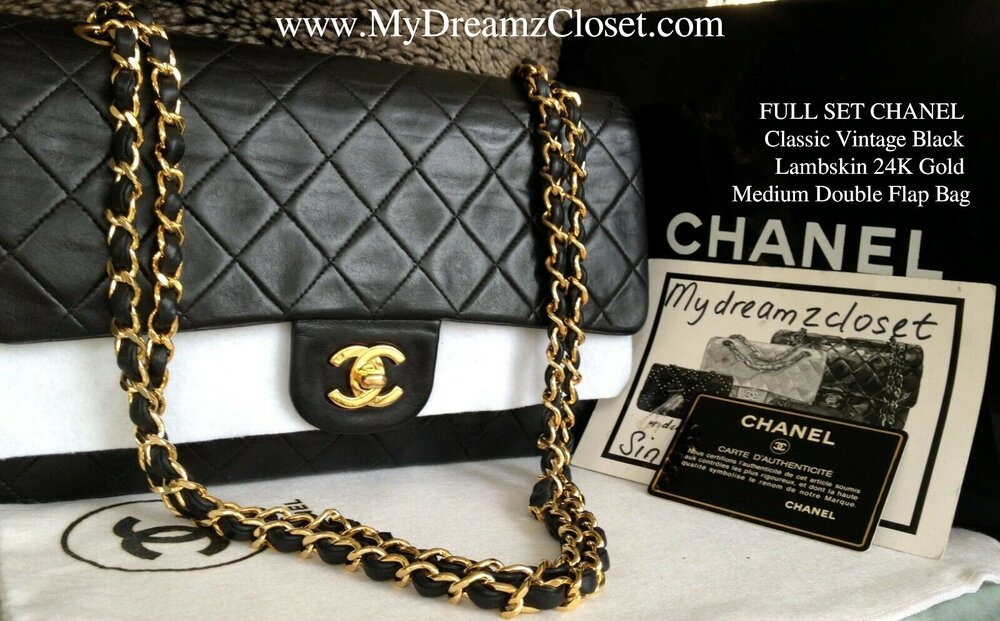 FULL SET CHANEL Classic Vintage Black Lambskin 24K Gold Medium Double Flap  Bag, - My Dreamz Closet