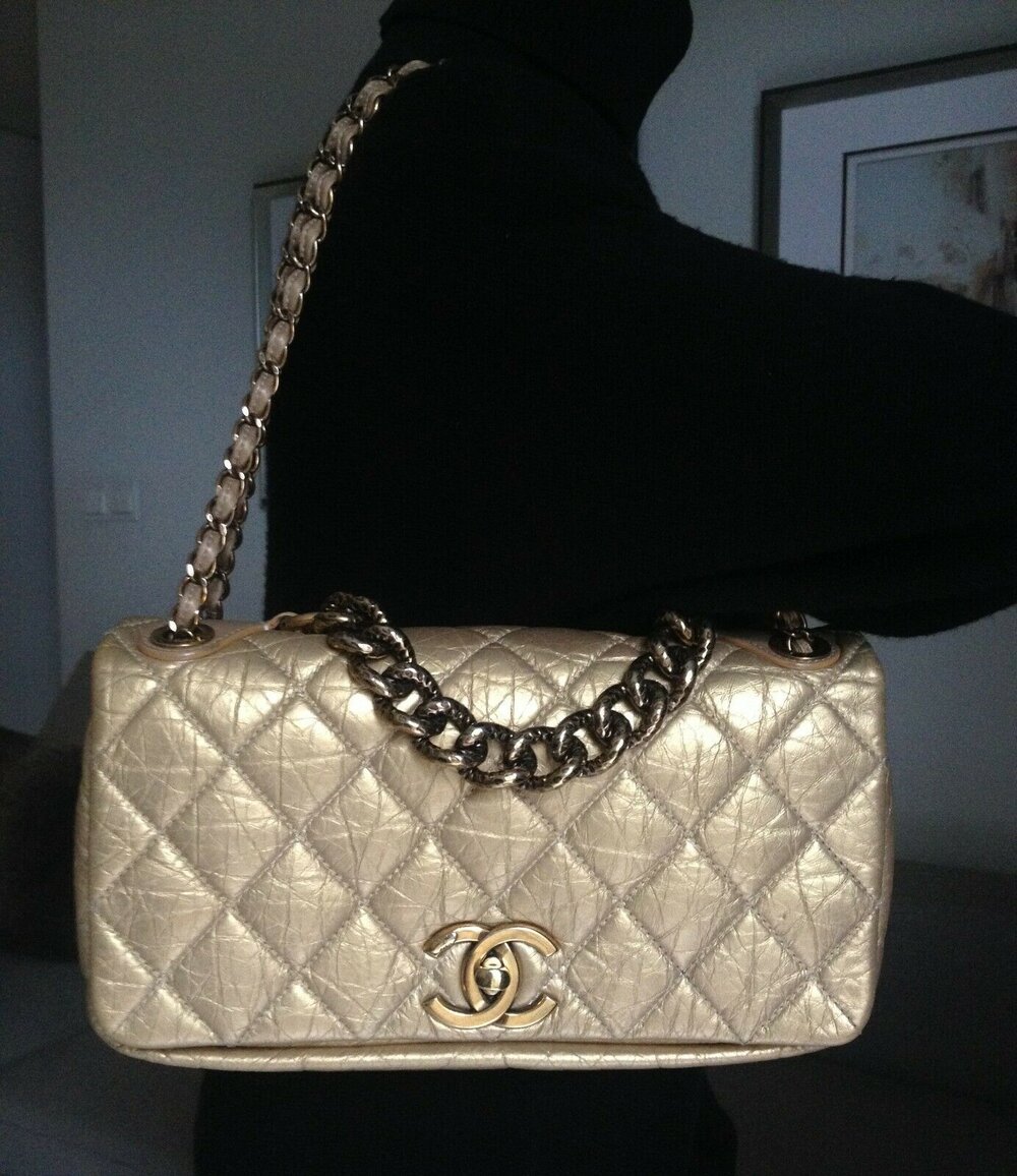 RARE CHANEL Classic Gold Quilted Calfskin Gold Chain 3 way Top Handle Flap  Bag - My Dreamz Closet
