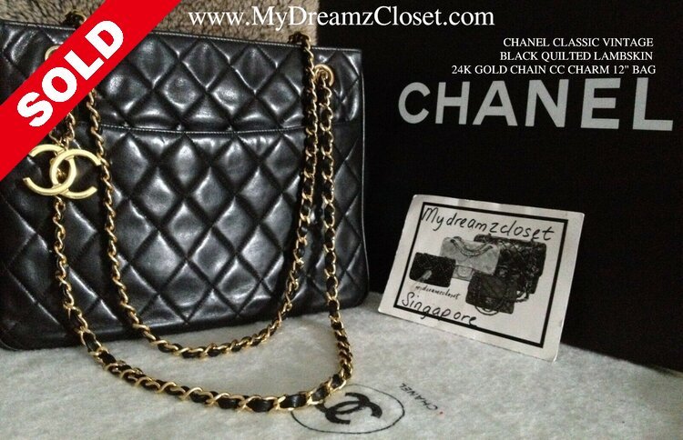 CHANEL CLASSIC VINTAGE BLACK QUILTED LAMBSKIN 24K GOLD CHAIN CC CHARM 12  BAG - My Dreamz Closet