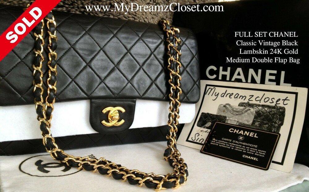 FULL SET CHANEL Classic Vintage Black Lambskin 24K Gold Medium Double Flap  Bag, - My Dreamz Closet