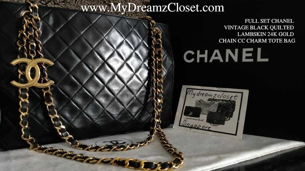 Sold - Full Set Chanel Vintage Black Quilted Lambskin 24K Gold Chain Cc  Charm Tote Bag - My Dreamz Closet