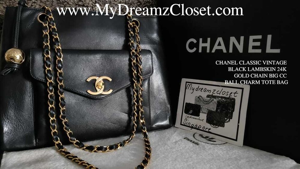 CHANEL CLASSIC VINTAGE BLACK LAMBSKIN 24K GOLD CHAIN BIG CC BALL CHARM TOTE  BAG - My Dreamz Closet
