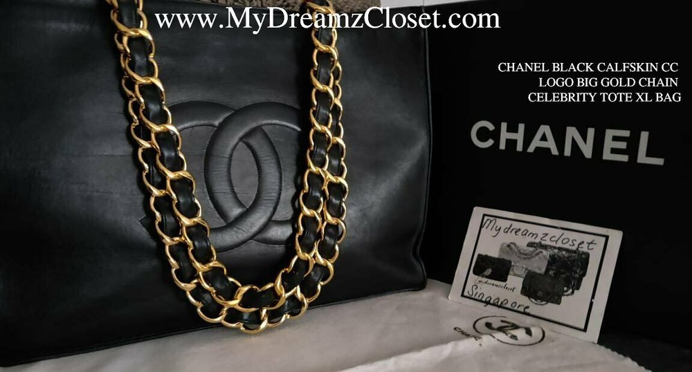 CHANEL BLACK CALFSKIN CC LOGO BIG GOLD CHAIN CELEBRITY TOTE XL BAG - My  Dreamz Closet