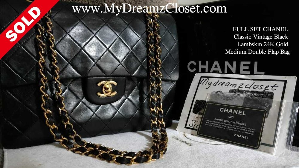 SOLD - FULL SET CHANEL Classic Vintage Black Lambskin 24K Gold Medium  Double Flap Bag - My Dreamz Closet