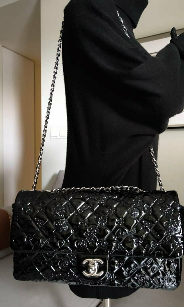SOLD - RARE MINT CHANEL Black Classic Patent Lucky Charms Silver