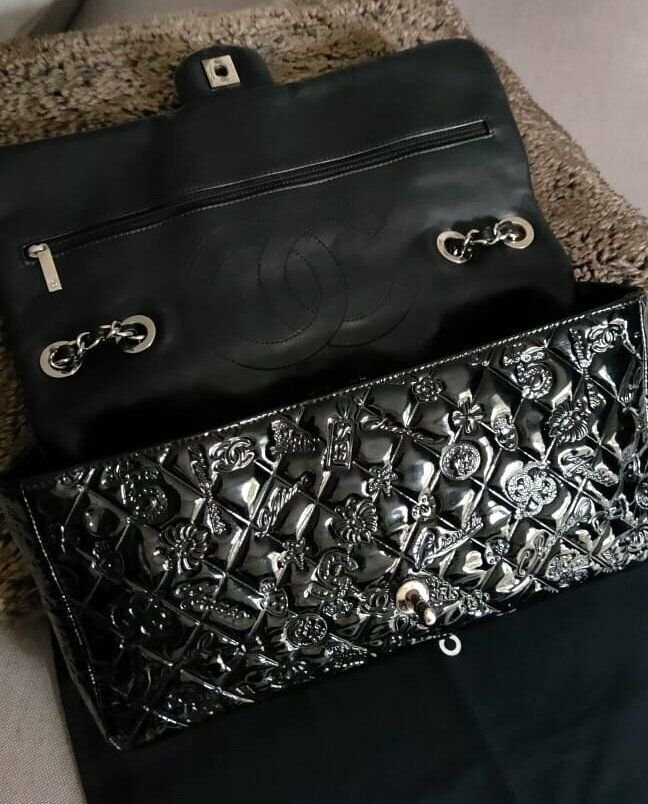 SOLD - RARE MINT CHANEL Black Classic Patent Lucky Charms Silver Chain  Jumbo Flap Bag - My Dreamz Closet