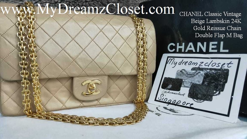 CHANEL Classic Vintage Beige Lambskin 24K Gold Reissue Chain Double Flap M  Bag - My Dreamz Closet