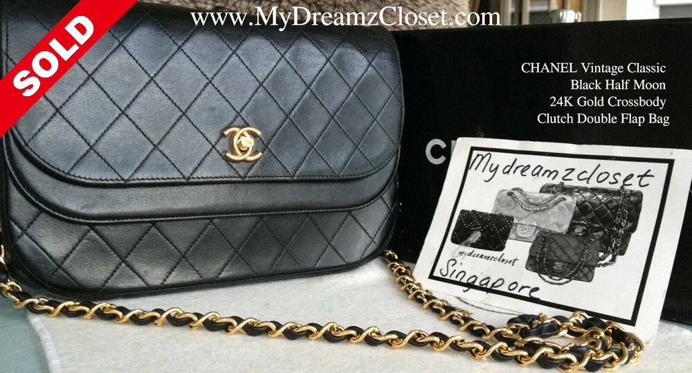 CHANEL Vintage Classic Black Half Moon 24K Gold Crossbody Double Flap Bag - My Dreamz Closet
