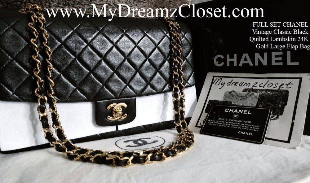 SOLD - FULL SET CHANEL Vintage Classic Black Quilted Lambskin 24K Gold Large  Flap Bag - My Dreamz Closet